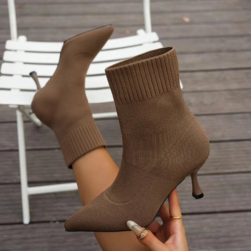 Spring Autumn Women Ankle Boots Slip-On Green Chelsea Boots Women Luxury Stretch Fabric Women Socks Shoes Pointed Toe High Heels