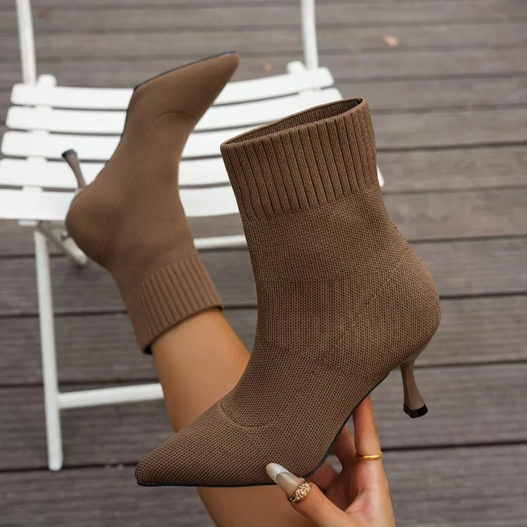 Spring Autumn Women Ankle Boots Slip-On Green Chelsea Boots Women Luxury Stretch Fabric Women Socks Shoes Pointed Toe High Heels