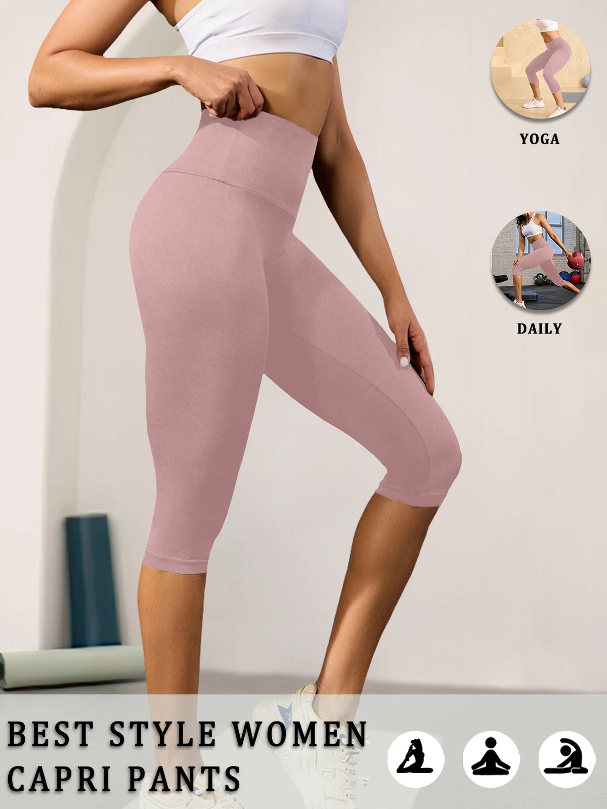 Women High Waisted Capri Pants Super Soft No See Through Tummy Control Yoga Running Workout Home Casual Leggings