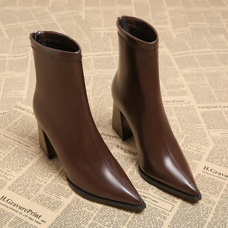 Autumn Winter Fashion Pointed Toe Ankle Boots Women Zippers Thick Heels Shoes Street Style Banquet Party Short Botas Mujer