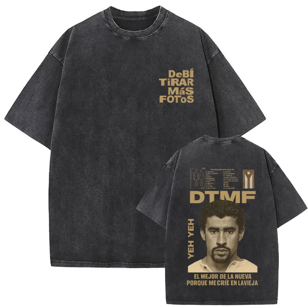 Rapper Bad Bunny Vintage Washed T Shirts Fans Gift Debi Tirar Mas Fotos DTMF Merch T-shirt Men's Women Hip Hop Fashion T-shirts