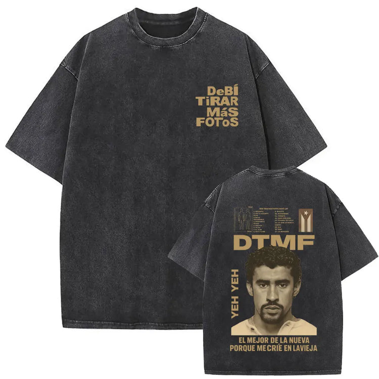 Rapper Bad Bunny Vintage Washed T Shirts Fans Gift Debi Tirar Mas Fotos DTMF Merch T-shirt Men's Women Hip Hop Fashion T-shirts