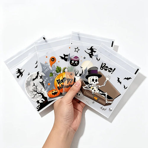 100Pcs Small Halloween Treat Bags,Clear Self Adhesive Candy Bags, Plastic Cookie Bags for Trick or Treat, Halloween Goodie Bags