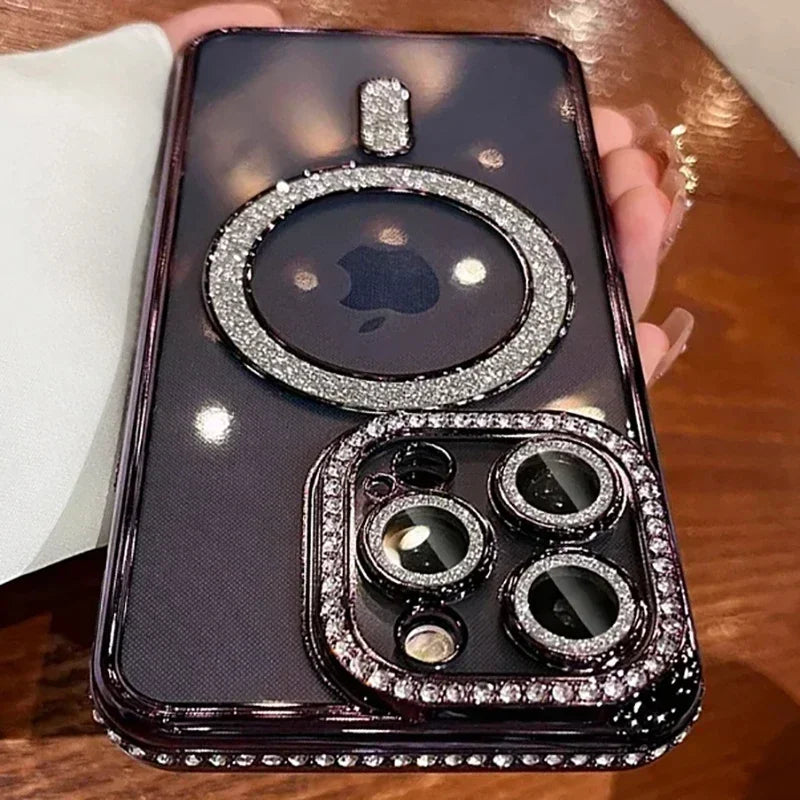 Fashion Glitter Diamond Transparent Case For iPhone 18 17 16 15 14 13 11 12 Pro Max Funda Magnetic Wireless Charger Bumper Cover