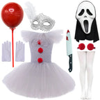 2026 Halloween Trick or Treat Carnival Party White Gray Scary Clown Mesh Fluffy Dress Girl Cosplay Joker Costume Accessories Set