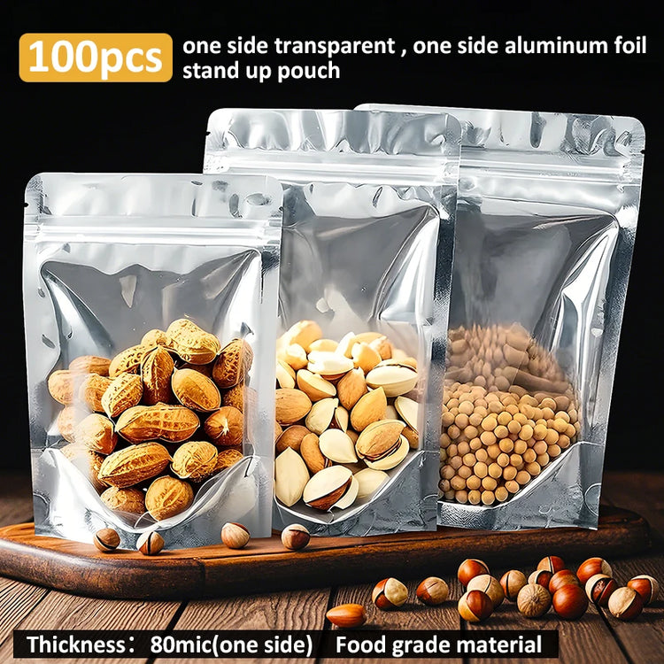 100pcs One Side Aluminum Foil One Side Transparent Stand up Pouch with Zipper Food Grade Ziplock Bags for Nuts Snacks Storage