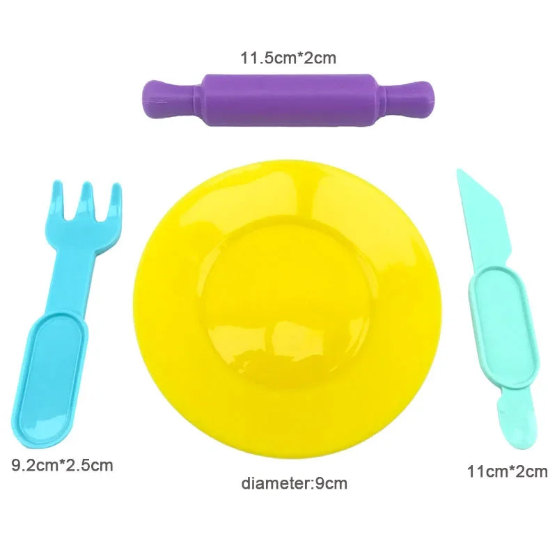 Food Play Dough Molds for Kids Plastics Fruit Vegetable Dumpling Noodle Mold Knife Fork Bowl Plate Playdough Accessories Toys