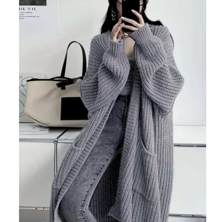 Women Knitted Cardigan Autumn Loose V-neck Long Sleeve Casual Midi Outerwear Simple Sweater Coat Basic Soft Y2K Jacket All-match