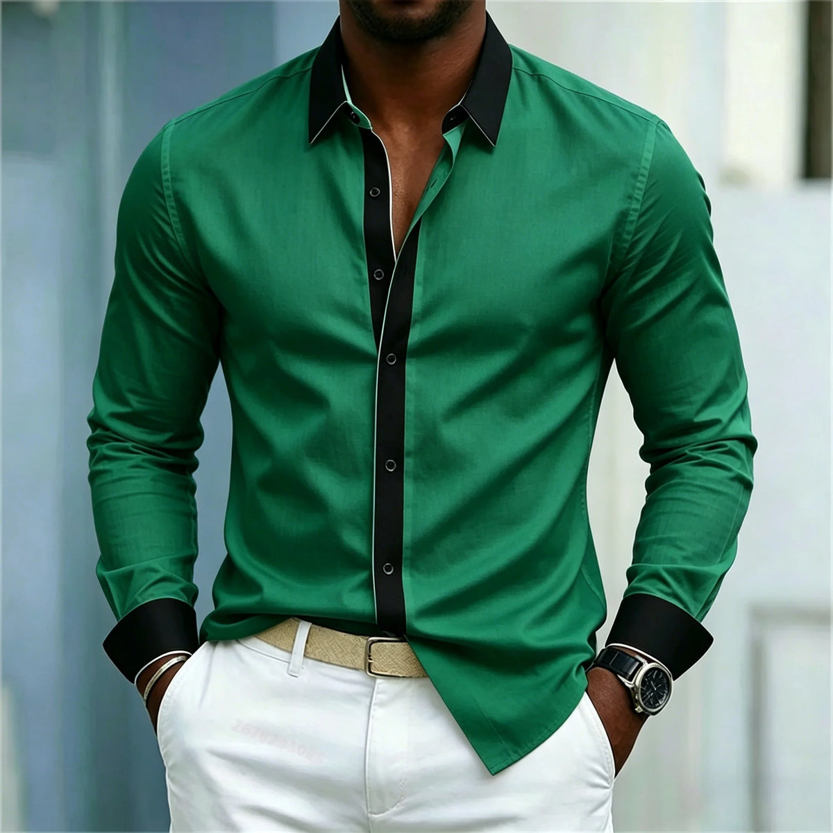 Men's Shirt Black And White Contrasting Splicing Men's Lapel Long Sleeved Shirt Slim Fit Business Casual Men's Top Size