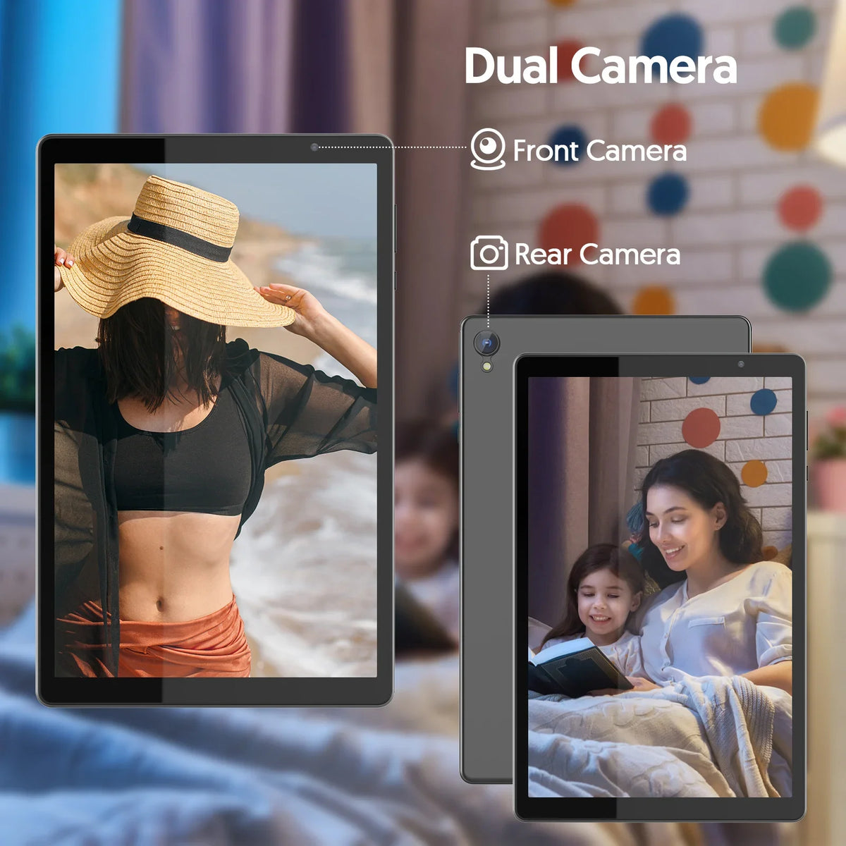 10-inch tablet, Android 14, quad-core processor, 4GB RAM (2GB+2GB expandable), 32GB storage, Wi-Fi, dual cameras, 6000mAh