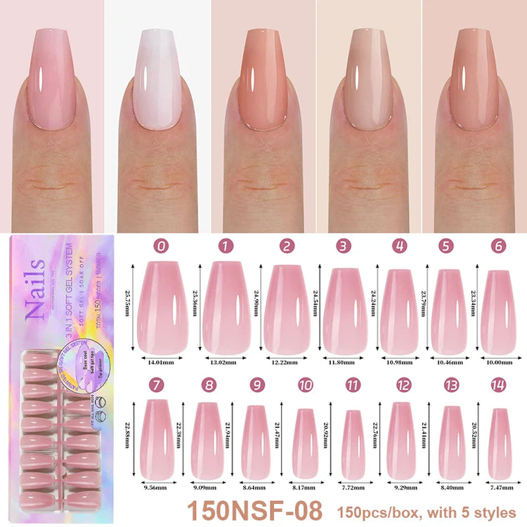 150Pcs/Box Acrylic Press on Nails Full Cover Fake False Tips Soft Gel Extension T-shaped Oval Capsule Almond Sculpted Salon DIY