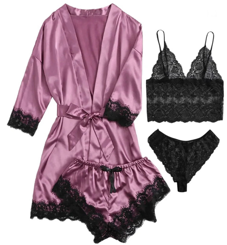Women's Summer Sexy Pajama Pants Set 4 Pieces Lace Satin With Silk Sleepwear Robe Fashion And Comfortable Nightwear