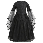 2026 Halloween Carnival Girls Play Black Evil Witch Vampire Elegant Cute Fluffy Lace Dress + Hairband + Raven Accessories Set