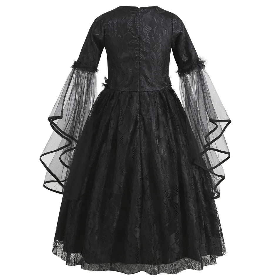 2026 Halloween Carnival Girls Play Black Evil Witch Vampire Elegant Cute Fluffy Lace Dress + Hairband + Raven Accessories Set
