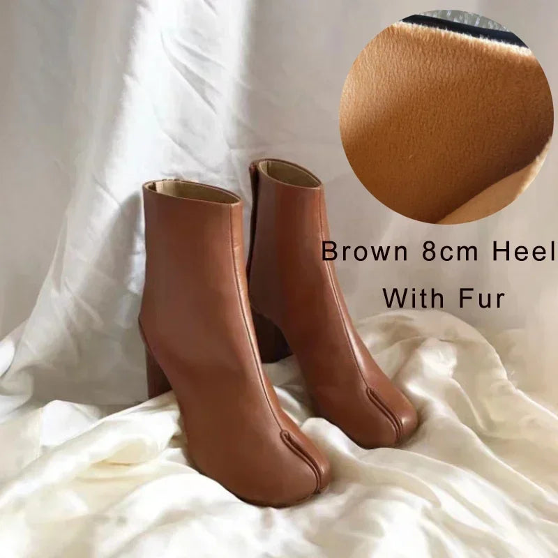 Luxury Brand Designer Tabi Split toe Ankle Boots Women Genuine Leather Chunky Round Heel Short Boots 2024 Autumn Winter Shoes