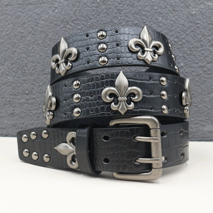 Double-needle buckle belt with heavy black crocodile pattern  Goth Skeleton Rivet Belt Trend Punk Hip-hop Belt Y2K Style Belt