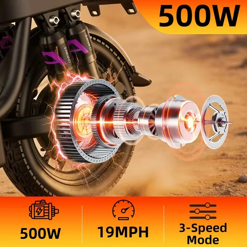 UPlee GQ8 Electric Bike For Adults 500W Scooter EBike With 14" Tire 48V 15AH LED