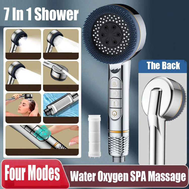New 7 IN 1 Large Flow Shower Head With Filter 4 Modes High Pressure Water Saving One-Key Stop Water Massage Portable Showerhead