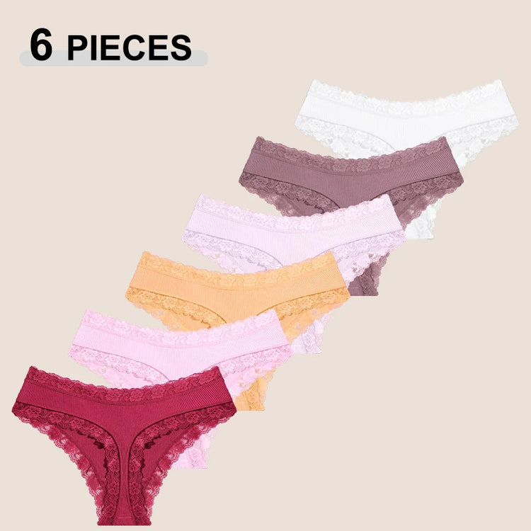 6Pcs/Set Cotton Patchwork Lace Panties Women Solid Color Breathable Low Waist G-strings Underwear Ladies Soft Comfortable Thongs
