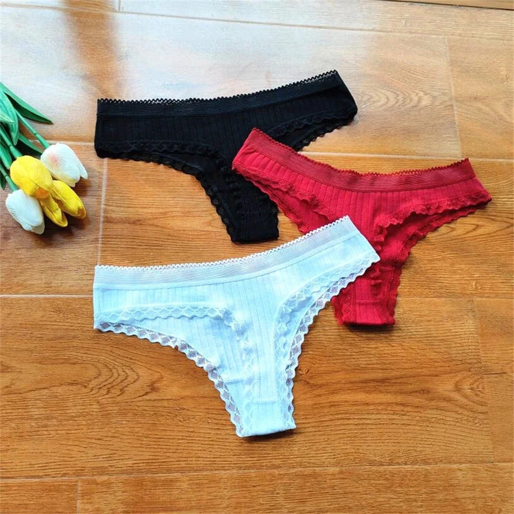 3pcs Ruffles Lace Low Waist Ribbed Cotton Thong Solid Color Women G-string Underwear Seamless Girls Tanga T-pants