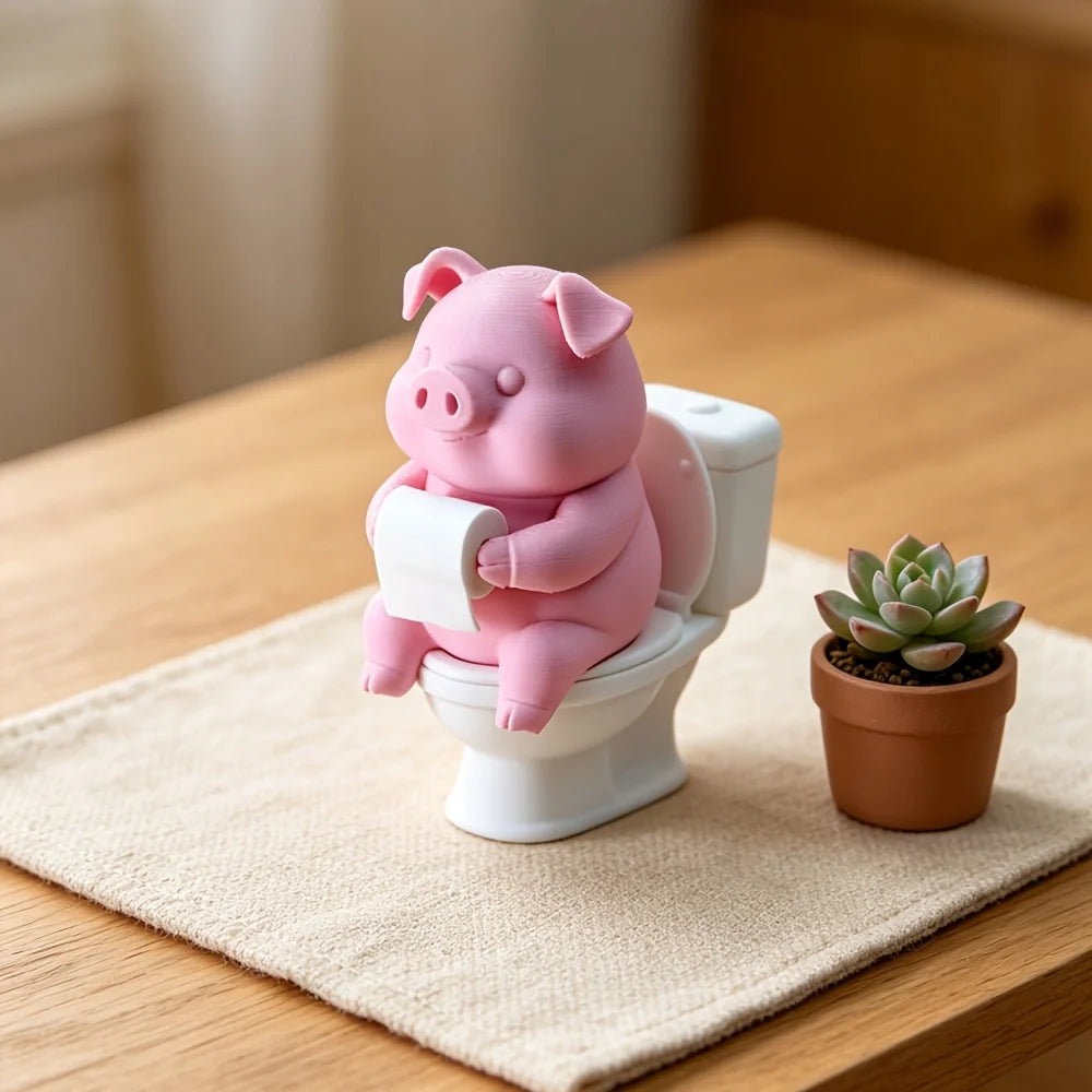 Cute Pig Sitting on Toilet,Bathroom Decor,Tabletop or Wall-Mounted,Home Office Desk & Living Room Display,Home Decor