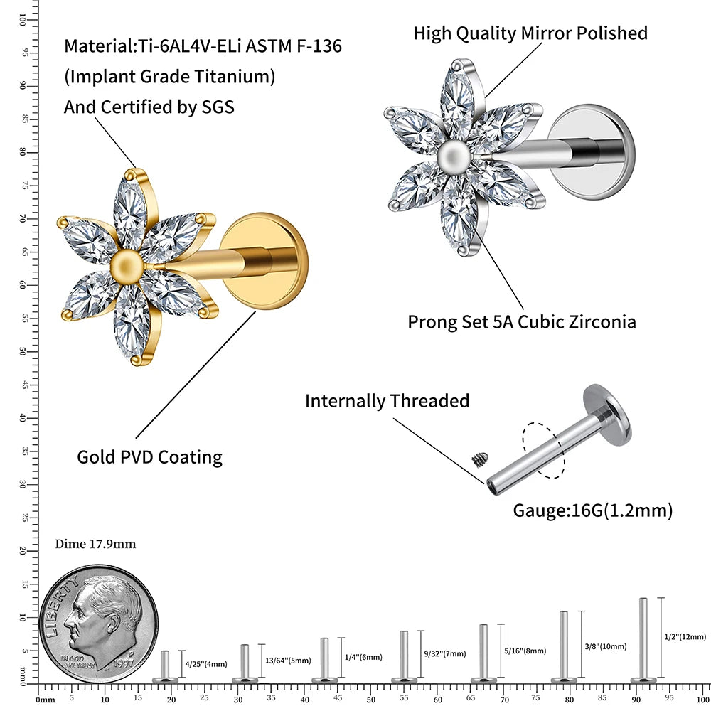 Right Grand ASTM F136 Titanium 16G Marquise Flower CZ Labret Stud Helix Conch Cartilage Tragus Flat Back Piercing Body jewelry