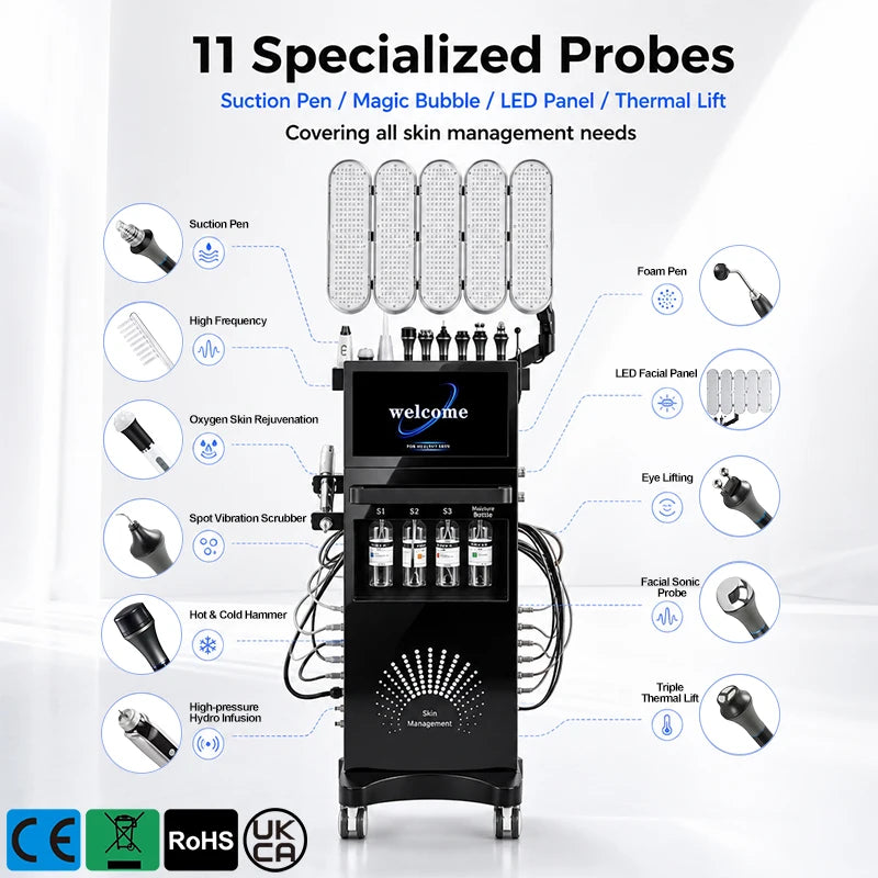 Professional 11 In1 Hydra Dermabrasion Facial Machine LED Phototherapy Skin Rejuvenation Hydro Facial Deep Pore Cleaning RF Lift