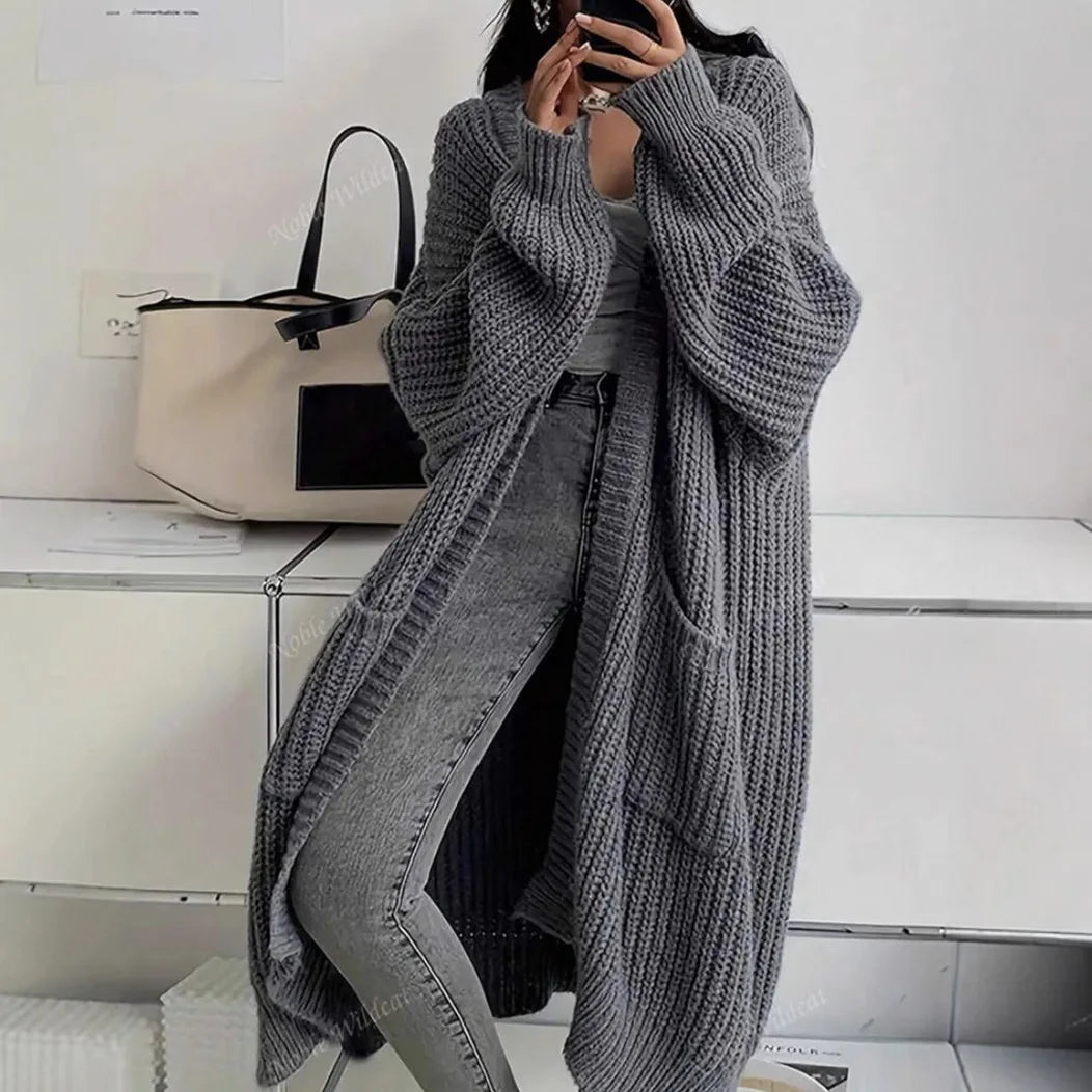 Women Oversized Maxi Cardigan Knitted Sweater Coat With Pockets Autumn Winter Casual Loose Long Sleeve Sweater Outwear Ladies