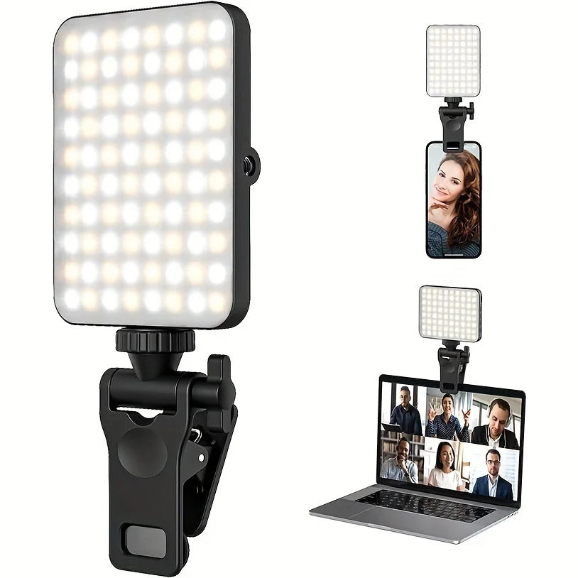 1pc Rechargeable Magnetic LED Selfie Light,3 Modes Dimmable Light,3000mAh,120LEDs,Clip-On for Phone/ Laptop/ PC,Makeup,Video