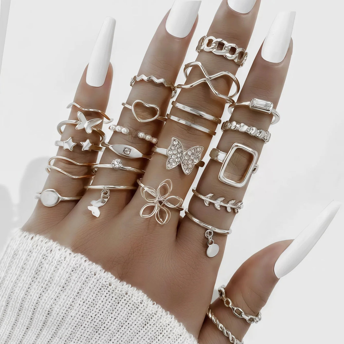 12/24/36/48Pieces Fashion Rhinestone Hollow Rings Set For Women Mix Style Simple Trendy Flowers Heart Daily Jewelry Party Gifts