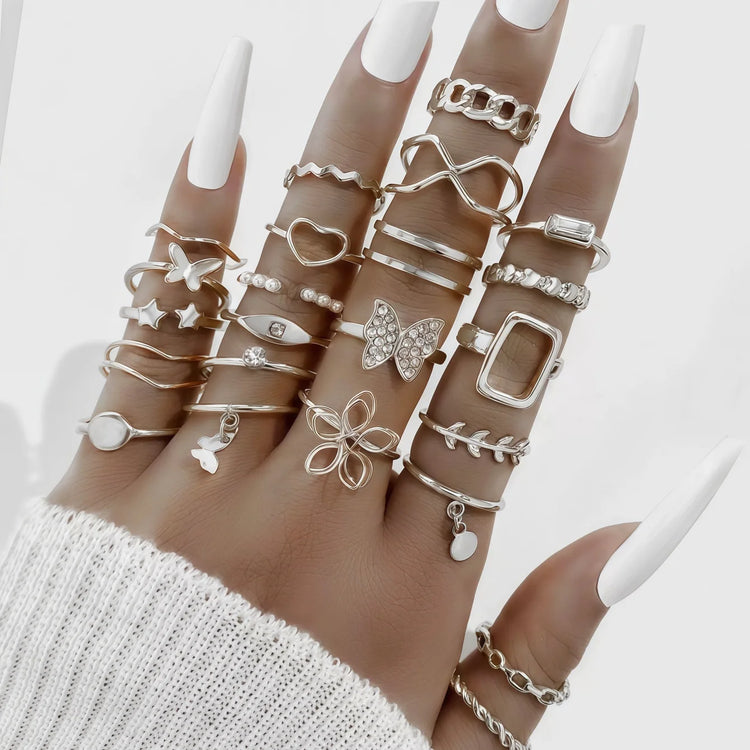 12/24/36/48Pieces Fashion Rhinestone Hollow Rings Set For Women Mix Style Simple Trendy Flowers Heart Daily Jewelry Party Gifts