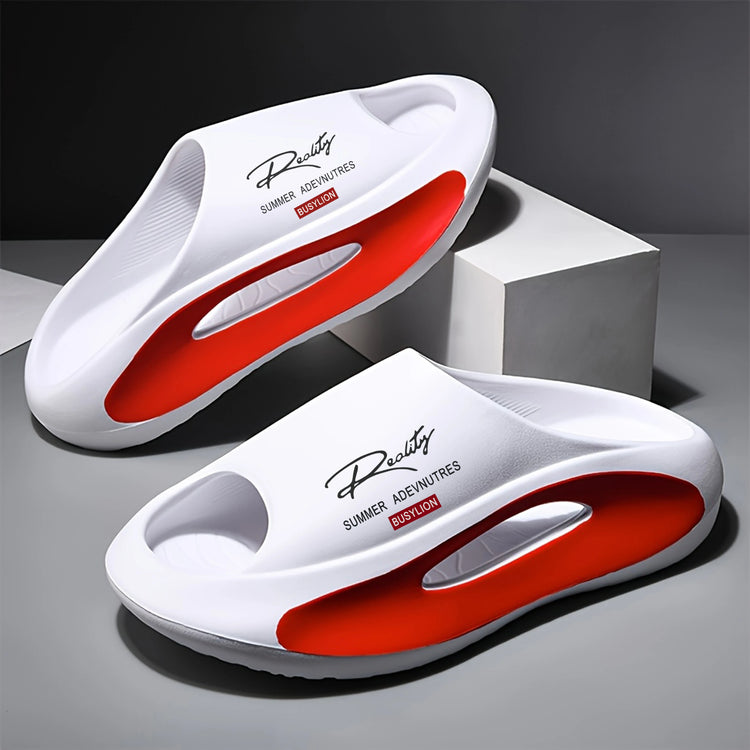 BUSYLION Women's Thick Sole Slide Sandals, Letter Print Slip-On Slippers, Color-Block Open-Toe House Shoes, Non-Slip Elevated Fl