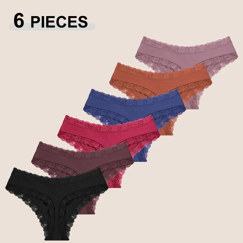 6Pcs/Set Cotton Patchwork Lace Panties Women Solid Color Breathable Low Waist G-strings Underwear Ladies Soft Comfortable Thongs