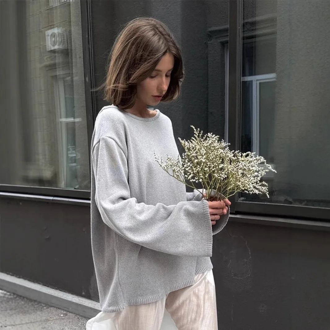 Original Backless O-neck Cotton Knit Sweater Autumn and Winter Women Simple Loose Soft Warm Elastic Daily Office Casual Sweater