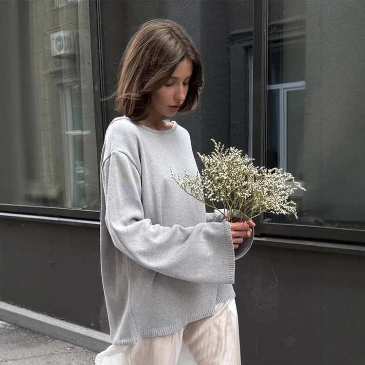 Original Backless O-neck Cotton Knit Sweater Autumn and Winter Women Simple Loose Soft Warm Elastic Daily Office Casual Sweater