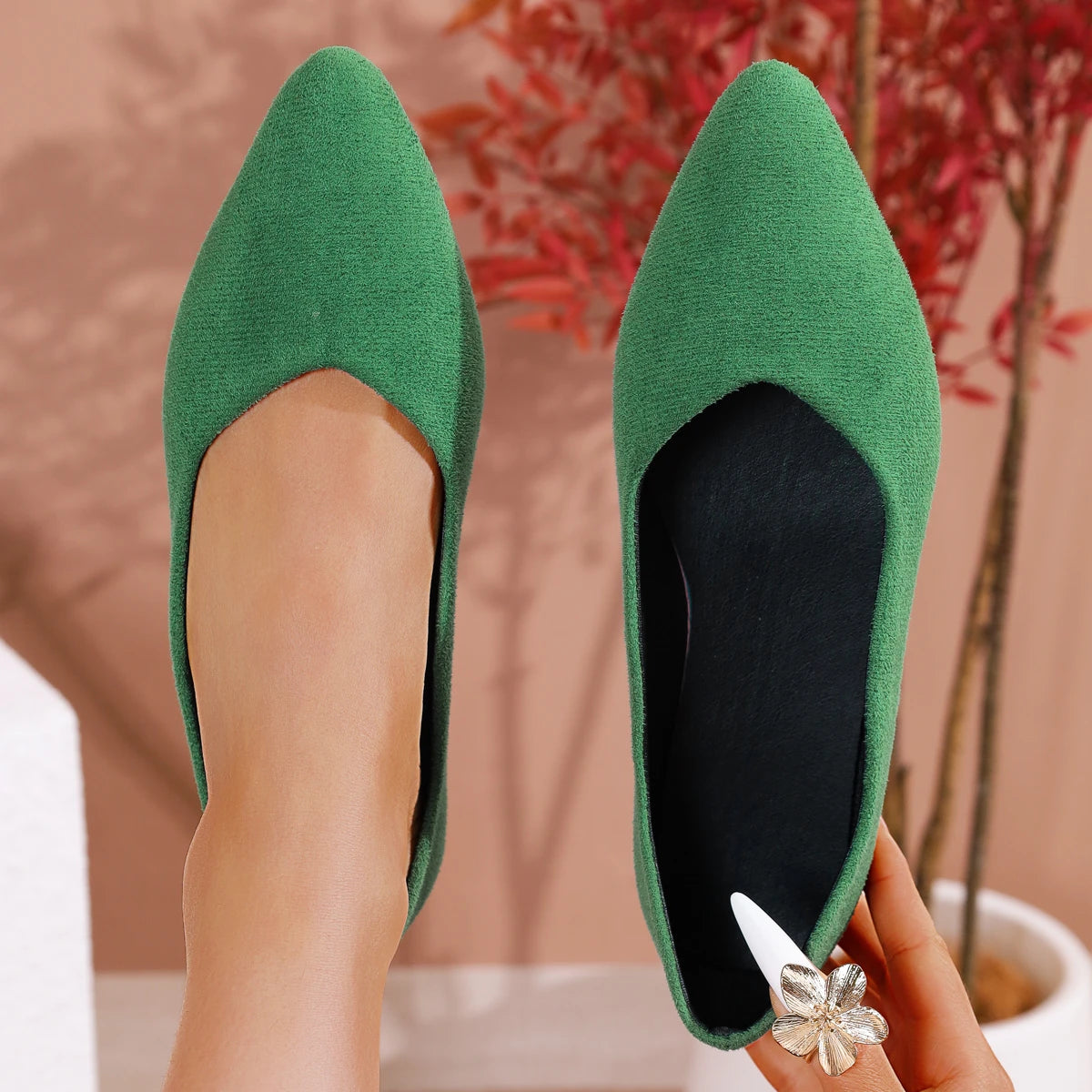 Spring Autumn Green Suede Women's Flat Shoes Fashion Pointed Toe Comfortable Non-slip Office Ladies Shoes