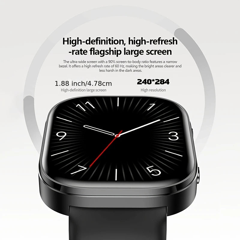 Smart Watch With Wireless Calling, 1.88 TFT Display, Multiple Sports Modes, Call and Message Notifications, AI Voice Control, Sleep & Music Monitoring, Remote Camera, Alarm Clock, Calculator, USB Rechargeable Lithium Polymer