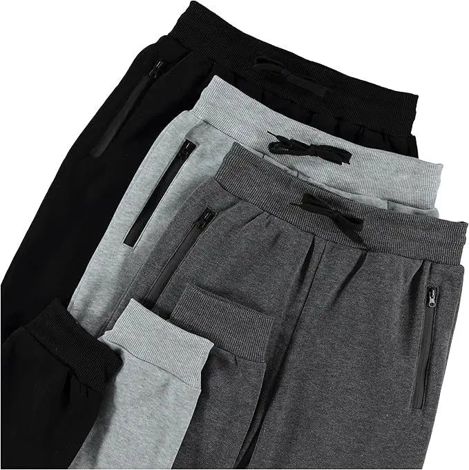 HUGE HILL 3 Pack Men's Fleece Lined Joggers Loose Fit Wide Leg Sweatpants with Zip Pockets S-3XL