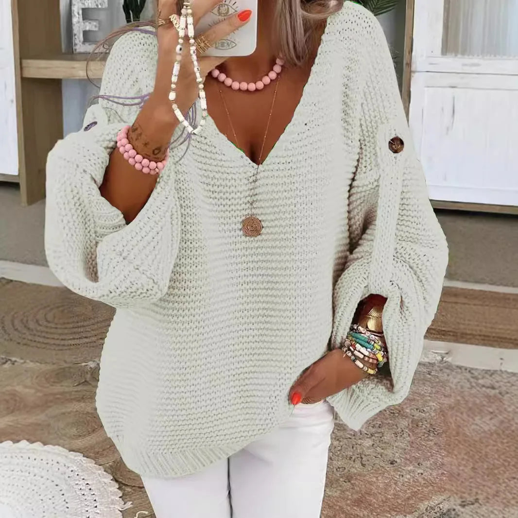 Casual Knitted V Neck Sweater Fall Winter Fashion Button Warm Commuter Jumper Elegant Solid Adjustable Long Sleeve Pullover