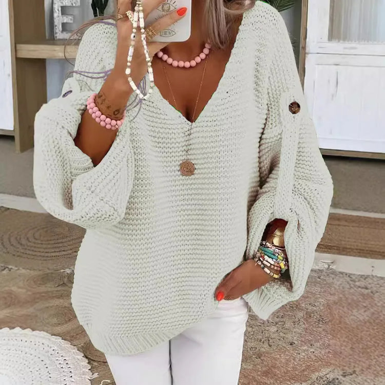 Casual Knitted V Neck Sweater Fall Winter Fashion Button Warm Commuter Jumper Elegant Solid Adjustable Long Sleeve Pullover