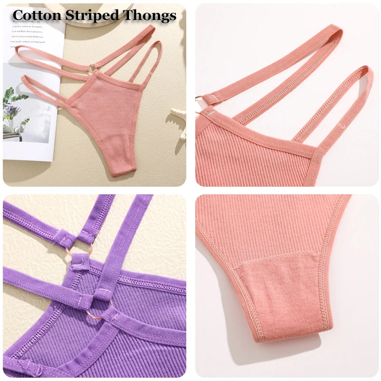 FINETOO 4Pcs Cotton Double Thin Belts Underwear for Women Sexy Low Waist Striped Thongs Ladies Soild Panties Breathable Lingerie