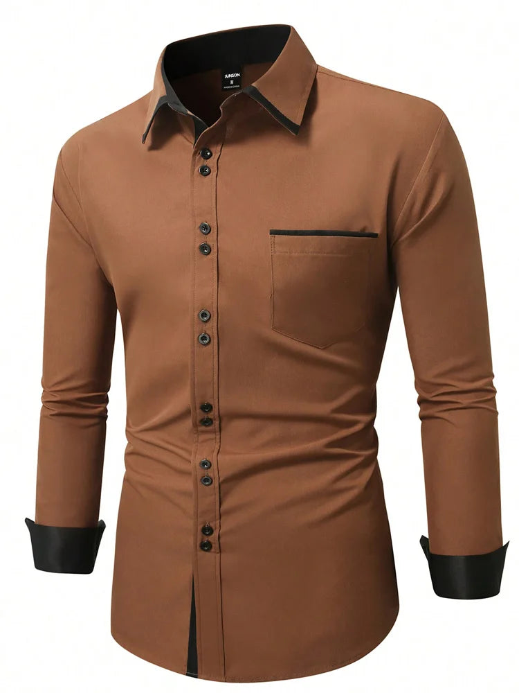 Men's Casual Business Long-sleeved Shirt, British Style Double Button Shirt, Slim Long-sleeved Lapel Shirt