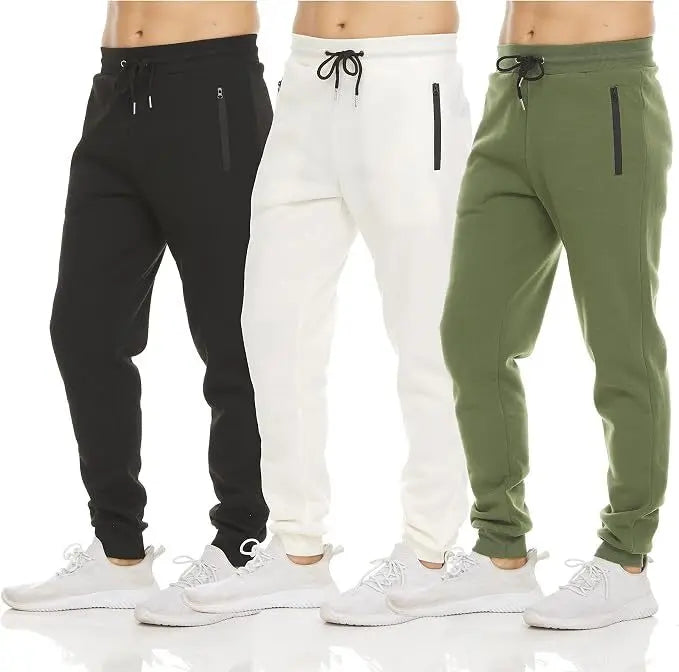 HUGE HILL 3 Pack Men's Fleece Lined Joggers Loose Fit Wide Leg Sweatpants with Zip Pockets S-3XL