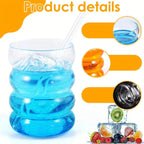 2 High Borosilicate Glass Coffee Cups 350ML/11.8oz with Straw and Brush, Vintage Ripple Design, Transparent Aesthetic Drinkware