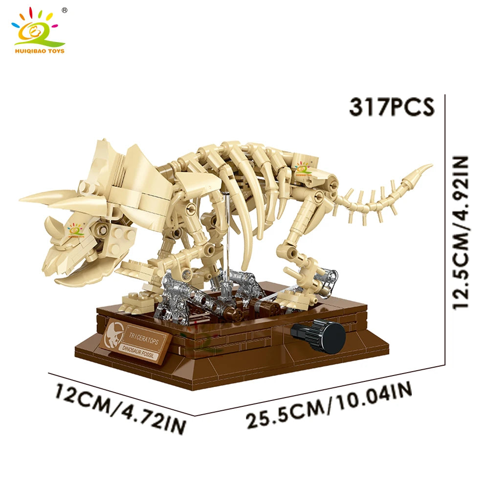 HUIQIBAO Dinosaur Skeleton Fossil Model Building Blocks Triceratops Velociraptor Dino Jurassic Series Bricks for Children Toy