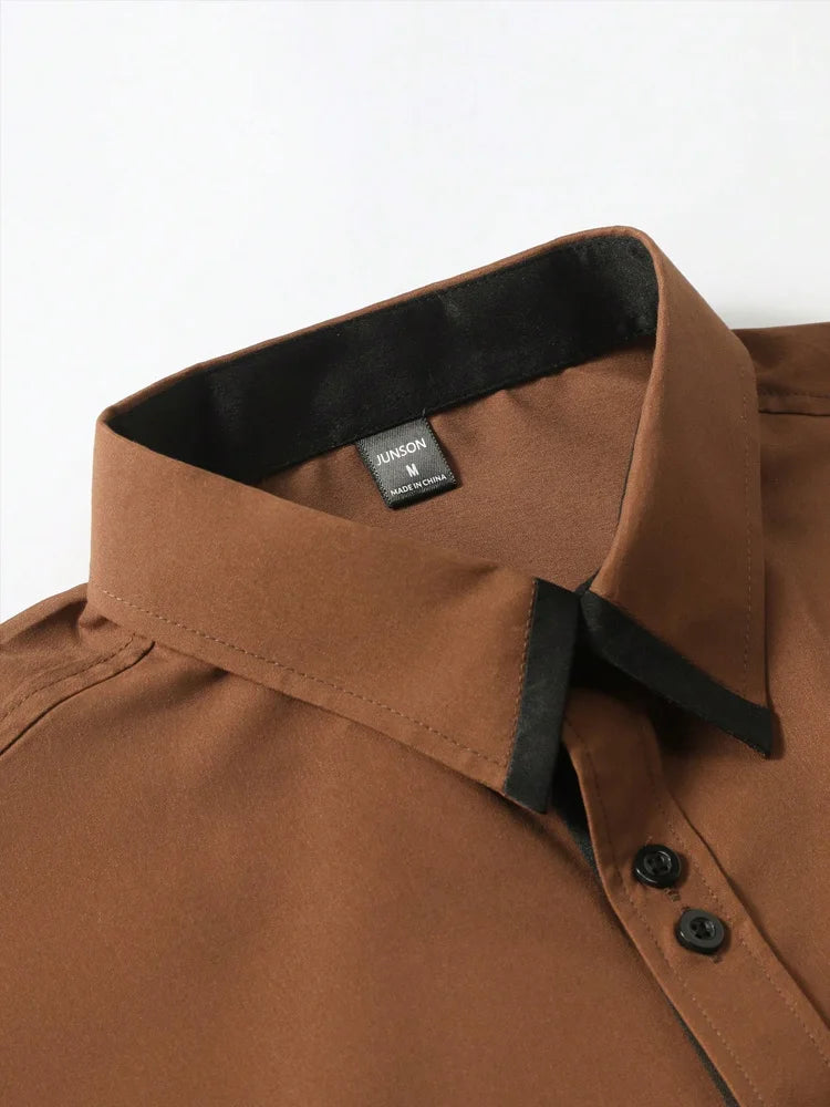 Men's Casual Business Long-sleeved Shirt, British Style Double Button Shirt, Slim Long-sleeved Lapel Shirt