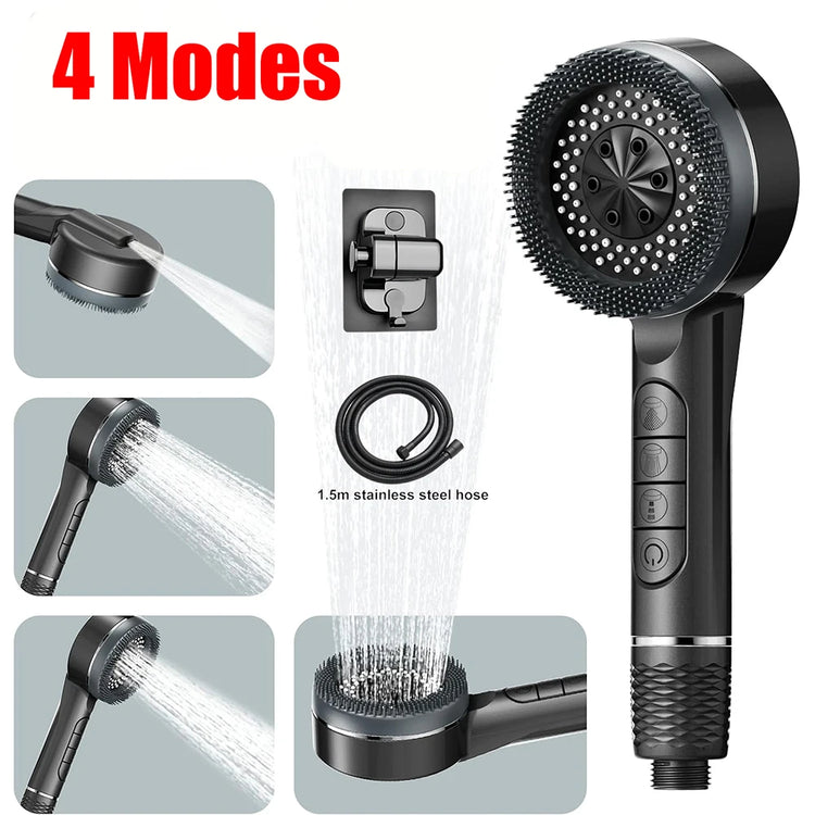 4 Modes Self-cleaning Shower Head with Silicone Brush One-Key Stop Water Massage High Pressure ABS Showerhead with Filter