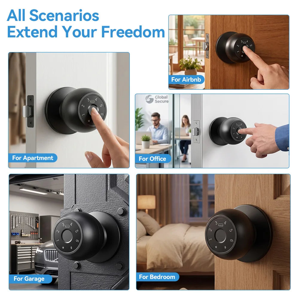 YFK 5-in-1 Smart Door Knob Lock Tuya Bluetooth Fingerprint Password Keypad IC Card Key APP HomeKey Black