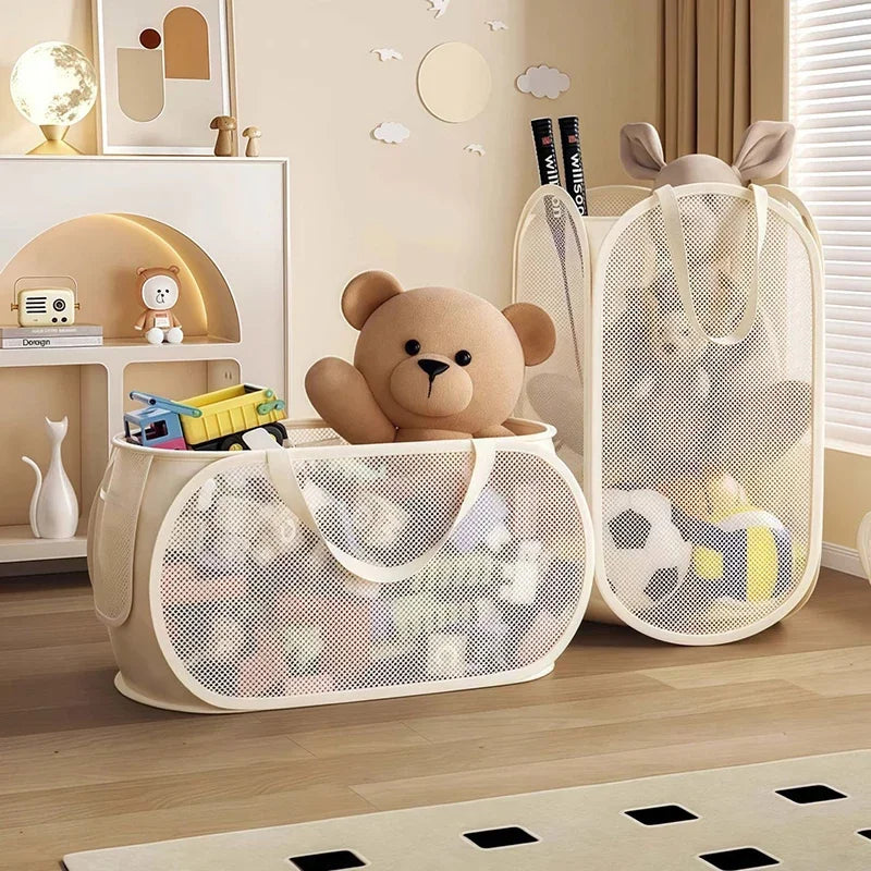 Foldable Mesh Toy Storage Basket, Large Breathable Laundry Hamper With Handles Vertical & Horizontal Dual Styles Kids