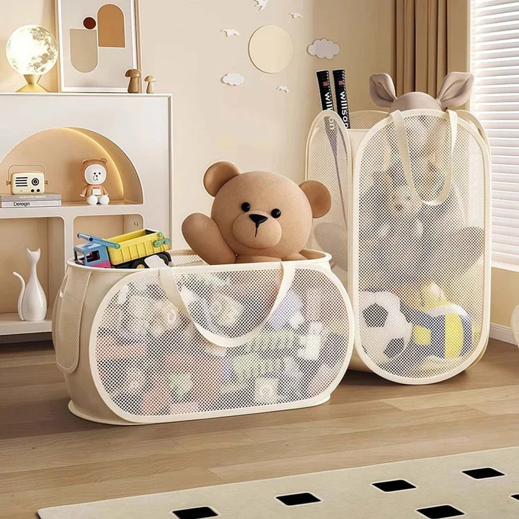 Foldable Mesh Toy Storage Basket, Large Breathable Laundry Hamper With Handles Vertical & Horizontal Dual Styles Kids